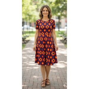 LuLaRoe Amelia Colorful Funky Retro 70s Fit & Flare Dress Womens Size Medium